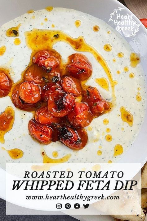 This recipe for Creamy Whipped Feta with Roasted Tomatoes is a super simple scrumptious dish! The dip is smooth and creamy and the tomatoes add pops of sweetness. #fetarecipes #mediterraneanrecipes #fetacheese #easyrecipes Whipped Feta Dip With Sundried Tomatoes, Whipped Feta With Roasted Tomatoes And Chickpeas, Whipped Feta With Roasted Tomatoes, Roasted Tomatoes And Feta, Healthy Greek Recipes, Tomato Appetizers, Roasted Grape Tomatoes, Mezze Platter, Savory Dips