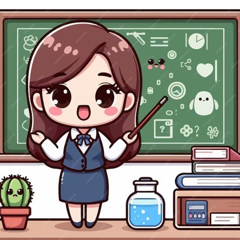 Premium Vector | A girl is standing in front of a chalkboard with a pencil in her hand Chibi Teacher, Education Illustration, About A Girl, Happy Teachers Day, Stationery Templates, Flyer Maker, Business Card Maker, Card Banner, Poster Maker