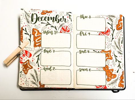 Gingerbread Bullet Journal, Bujo Winter Theme, December Bullet Journal Weekly Spread, December Bullet Journal Weekly, Gingerbread Theme Christmas, School Bujo, Bujo Christmas, Bullet Notes, December Bujo