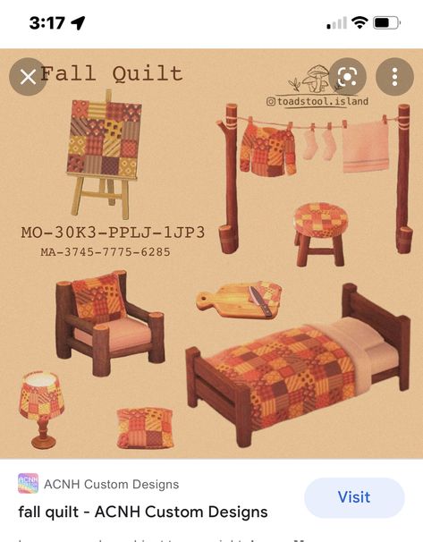 Autumncore Animal Crossing, Animal Crossing Goblincore, Acnh Vintage Codes, Acnh Fall Outfits, Autumncore Acnh, Animal Crossing Quilt, Acnh Cottagecore Clothes, Acnh Autumn, Cottage Core Animal Crossing