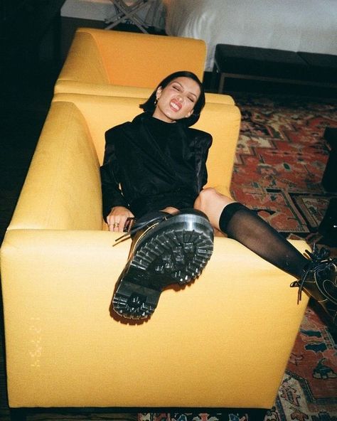 Bella Hadid, A Woman, Stockings, Couch, Yellow, Instagram, Black