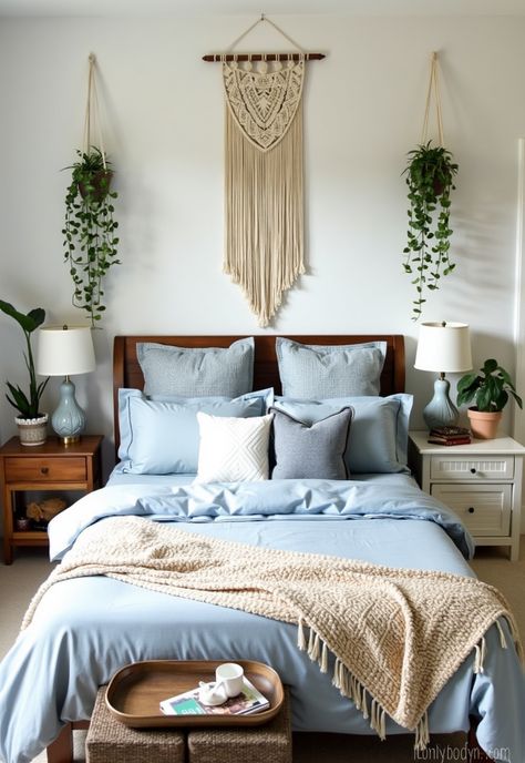 Light Blue Boho Bedroom Bedroom Decor Light Blue Walls, Light Blue Gold Bedroom, Light Blue And Wood Bedroom, Light Blue Wall Bedroom Ideas, Blue And Green Bedroom Ideas, Light Blue Boho Bedroom, Blue Boho Bedroom Ideas, Blue Boho Bedroom, Beachy Boho Bedroom