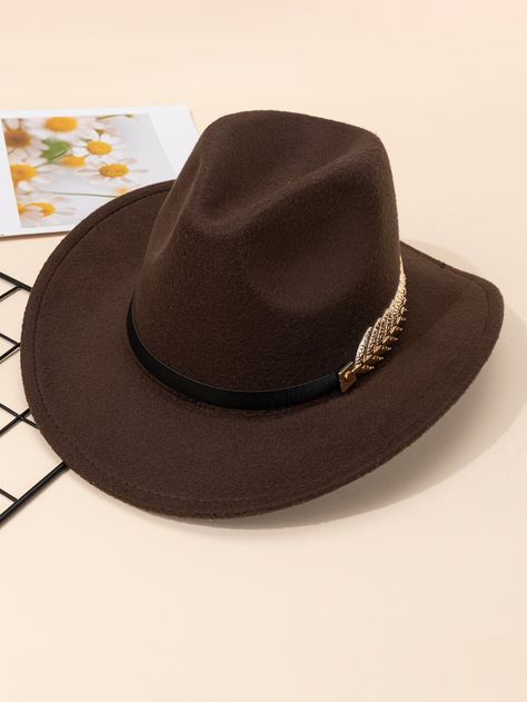 Coffee Brown Casual Collar  Fabric Plain Fedora Hat Embellished   Women Accessories Men Coffee, Brown Hats, Color Cafe, Leaf Decor, Coffee Colour, Cute Cows, Fedora Hat, Girl With Hat, Leaf Shapes