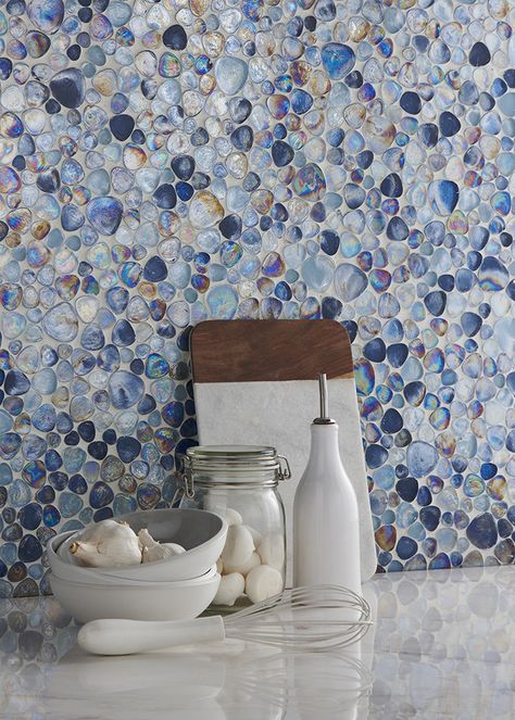 pebble glass mosaics Iridescent Tiles, Boho Homes, Mosaic Bathroom Tile, Iridescent Tile, Blue Mosaic Tile, Desert Boho, Pebble Tile, Mosaic Bathroom, Pebble Mosaic