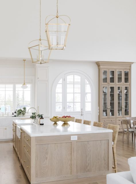 White Kitchen With Natural Wood Island, Bleached Wood Kitchen, White Kitchen Wood Island, Modern Beach House Kitchen, Square Kitchen Island, Modern Coastal Interior, Modern Coastal Interior Design, Modern Coastal Kitchen, Coastal Kitchen Ideas