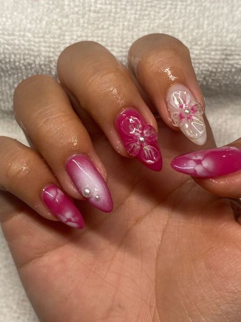 Nail Trends 2023 Aura Nails 3d Flower, Aura Nails With 3d Design, Gel X Nail Designs 3d, Pink Nails With 3d Design, Tropical Nails Coffin, Colorful 3d Nails, Nail Inspo 3d Art, Flower Aura Nails, Pink Orchid Nails