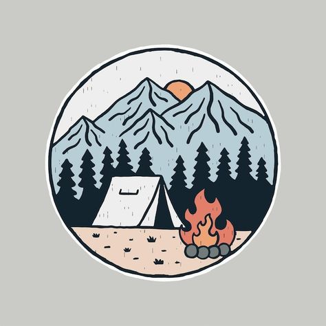 Camp Sticker Design, Camping Illustration Graphics, Camping Illustration Art, Camp Logo Design, Camp Stickers, Logo Camping, Mountain Stickers, Camp Icon, Patch T Shirt