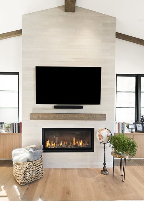 Tv Shows Quotes, Black Fireplace Ideas, Tv Over Fireplace Ideas, Tv Stand Christmas, Tiled Fireplace Wall, Home Decor Tv, Mantel Styling, Fireplace Accent Walls, Fireplace Feature Wall