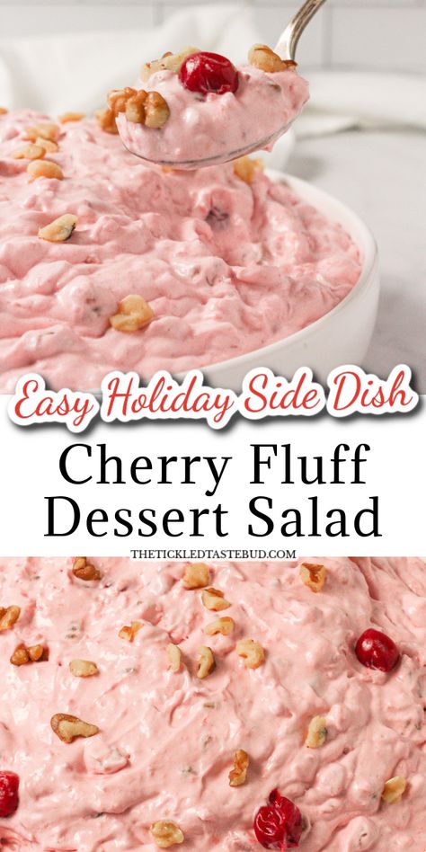 Cherry Side Dish, Pink Salad Recipe Cherry Fluff, Christmas Cherry Fluff, Cherry Jello Salad Recipes, Cherry Fluff Salad Cool Whip, Frozen Cherry Salad, Cherry Pie Filling Salad, Coke Salad Recipe, Cherry Fluff Dessert