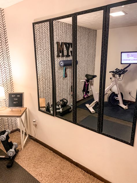 Home Gym Wall Mirror, Bedroom Turned Gym, Cheap Gym Mirror Wall, Home Gym Spare Bedroom, Gym Bedroom Ideas, Diy Gym Mirror Wall, Home Gym Mirrors Diy, Walmart Mirror Wall, Home Gym Mirror Ideas