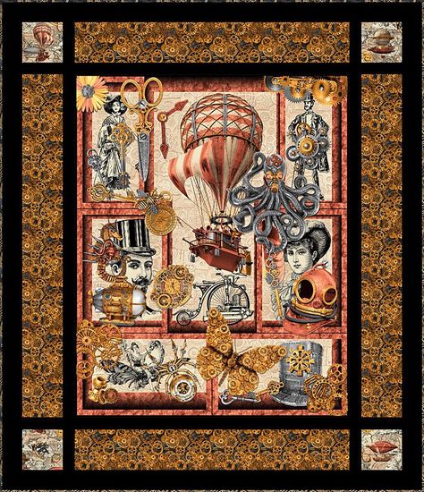 Steampunk Fabric Patterns, Steampunk Quilts Ideas, Steampunk Quilts, Steampunk Quilt, Steampunk Sewing, Steampunk Fabric, Punk Diy, Vintage Sweets, Panel Quilt Patterns