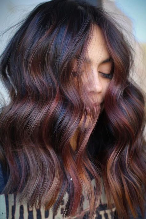 15 Ideas: Dark Copper Balayage Brunette. Copper Veil on Brunette Base Mahogany Balayage, Brunette Copper, Balayage On Brunette, Dark Copper Balayage, Dark Copper Balayage Brunette, Mahogany Hair Color, Copper Balayage Brunette, Brown Hair Trends, Peach Hair Colors