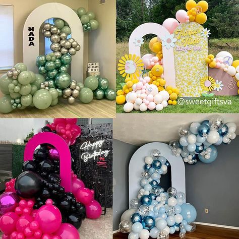 Chiara Balloon Backdrop, Open Arch Backdrop With Balloons, Green Backdrop Ideas, Ballons Decoration Birthday, Balloon Arch Photo Backdrop, Baloon Garland Ideas, Open Arch Backdrop, Party Backdrop Ideas, Balloons Backdrop