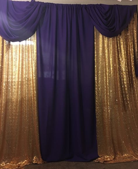 Purple and Gold Backdrops by Anointed Purple And Gold Backdrop, Purple And Gold Decorations, Gold Party Decorations Diy, Graduate Ideas, Backdrop Draping, Pastor Anniversary, Gold Living Room Decor, Wedding Purple, Girls Tea Party