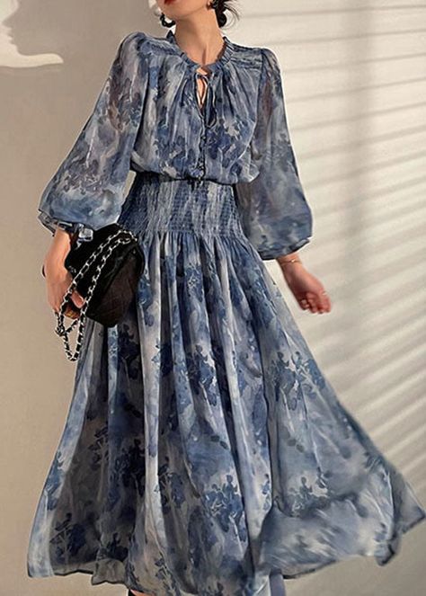 Chiffon Dress Design, Casual Korean Style, Long Sleeve Summer Dress, Italian Blue, Print Chiffon Dress, Office Dresses For Women, Korean Fashion Dress, Vintage Long Sleeve, High Waist Dress