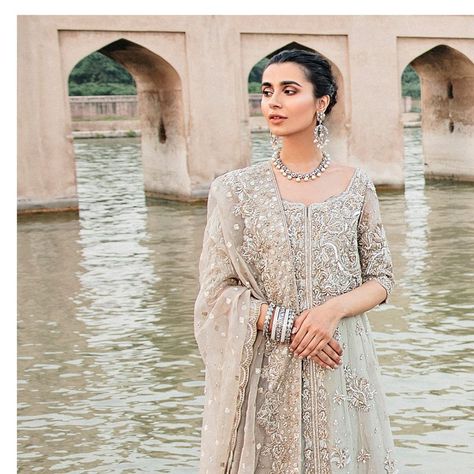 Bisma Kayani (@bismakayani) • Instagram photos and videos Front Open Gown, Shades Of Silver, Pakistani Dresses, Dress Codes, Front Open, Instagram A, Off Shoulder Dress, Bodice, Lace Top