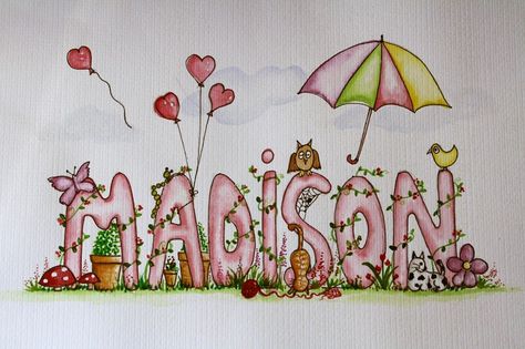 Poster Name Ideas, Name Drawings Creative, Watercolor Name Art, Watercolor Names, Baby Name Decorations, Kids Name Art, Dangle Art, Name Art Projects, Doodle Name