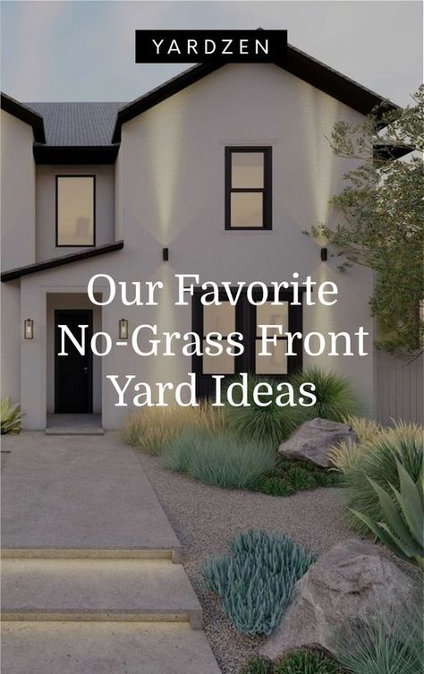 No Grass Front Yard, Grass Front Yard, Modern Landscaping Front Yard, Xeriscape Front Yard, Front Yard Ideas, Modern Front Yard, Front Yard Design, Front Yard Garden Design, Farmhouse Landscaping