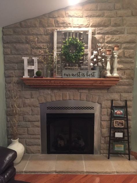 Over Fireplace Decor Ideas Farmhouse, Country Mantel Decorating Ideas, Rustic Fireplace Mantle Decor, Cabin Mantel Decorating Ideas, Stone Fireplace Mantel Decorating Ideas, Farmhouse Mantle Ideas, Fireplace Mantle Ideas Decoration, Rustic Fireplace Mantels Decorations, Mantle Decorating Ideas With Mirror