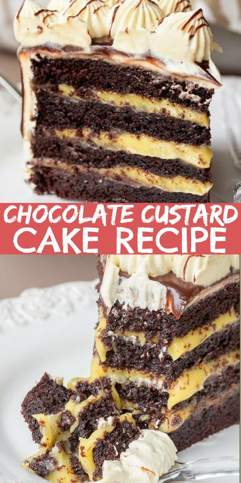 Custard Cake Recipes, Cake Filling Recipes, Custard Cream, Chocolate Custard, Custard Cake, Milk Cake, Moist Chocolate Cake, Cake Fillings, Homemade Desserts