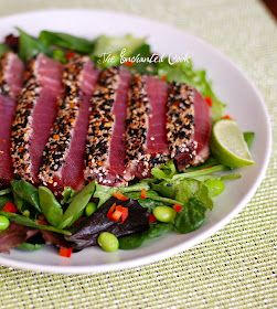 The Enchanted Cook: Spicy Seared Ahi Tuna Salad with Sesame Ginger Dressing Seared Ahi Tuna Salad, Salad With Sesame Ginger Dressing, Ahi Tuna Steak Recipe, Seared Tuna Salad, Ahi Tuna Salad, Seared Ahi Tuna, Ahi Tuna Steak, Tuna Steak Recipes, Sesame Ginger Dressing