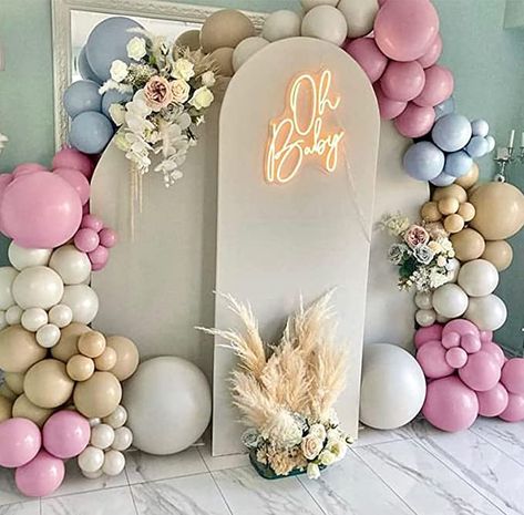 Balloon Garland Blue, Brown Balloon Garland, Balloons Arch, Pastel Baby Shower, Gender Reveal Party Theme, Gender Reveal Balloons, Pastel Balloons, Gender Reveal Party Decorations, Spring Baby Shower