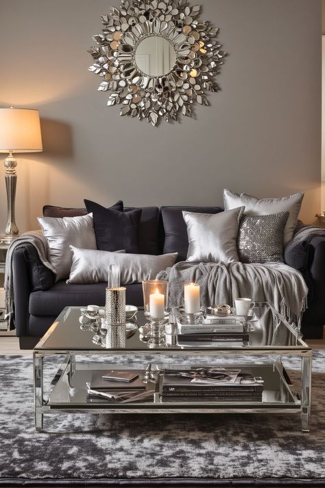 20 Black And Silver Living Room – The Crafty Hacks Living Room Decor Gray And Black, Dark Grey And Black Living Room, Grey And Silver Living Room, Black And Gray Living Room Decor, Silver Decor Living Room, Dark Grey Sofa Living Room Color Schemes, Living Room Designs Grey, Purple And Grey Living Room, Black And Silver Living Room