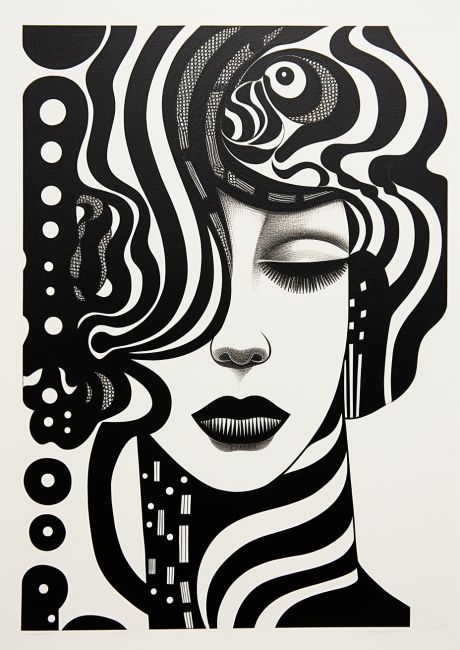 a black and white, modern, femme, block print --ar 5:7  Click on our link to use our free Midjourney Prompt builder!, and get the prompts to make your own beautiful AI art! Black And White Faces Drawings, Black And White Face Drawing, Black And White Painting Ideas, Pop Art Black And White, Anime Pop Art, Black And White Doodles, Abstract Black And White Art, Abstract Art Black And White, Unconventional Art