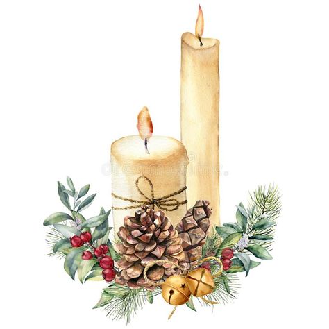 White Background Christmas, Holly Christmas, Hand Painted Candles, Christmas Tree Branches, Christmas Card Art, Background Christmas, Painted Candles, Watercolor Christmas Cards, 수채화 그림