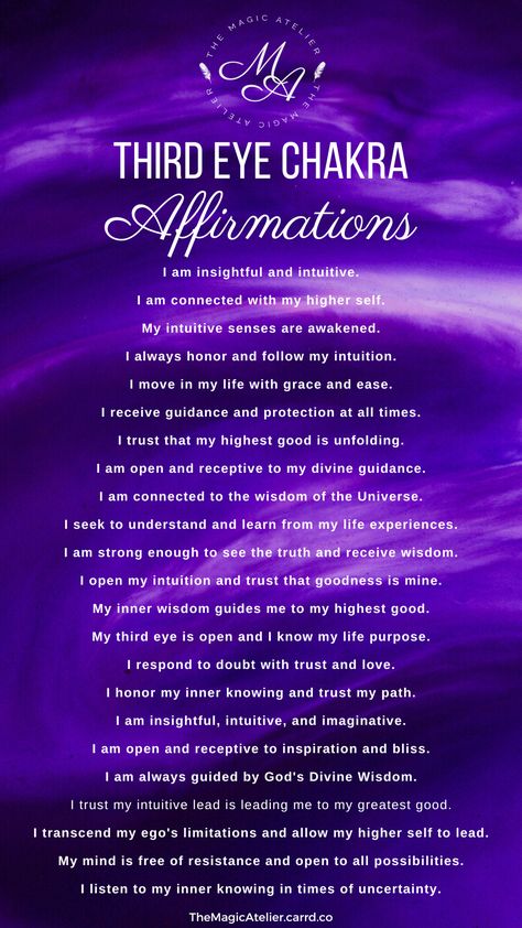 Positive affirmations to heal and open your Third Eye Chakra and increase your intuition 3rd Eye Affirmations, Third Eye Chakra Healing Affirmations, Open Third Eye Spell, 3rd Eye Chakra Affirmations, Opening The Third Eye, Chakra Statements, How To Open Your Third Eye Spiritual, Third Eye Affirmations, How To Open Your Third Eye