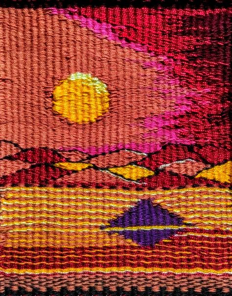 Sunset Weaving, Fantasy Sunset, Sunset Tapestry, Woven Image, Loom Projects, Weaving Loom Projects, Hanging Ideas, Weaving Loom, Orange Sky