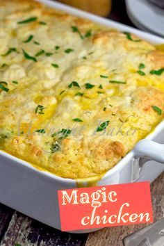 Easy Magic Chicken Recipe is your new favorite chicken dinner recipe for any weeknight dinner Chicken Pie Recipe Easy, Recipes Using Cooked Chicken, Magic Chicken, Chicken Pie Recipe, Easy Chicken Casserole Recipes, Chicken Casserole Easy, Cooked Chicken Recipes, Bisquick Recipes, Easy Magic