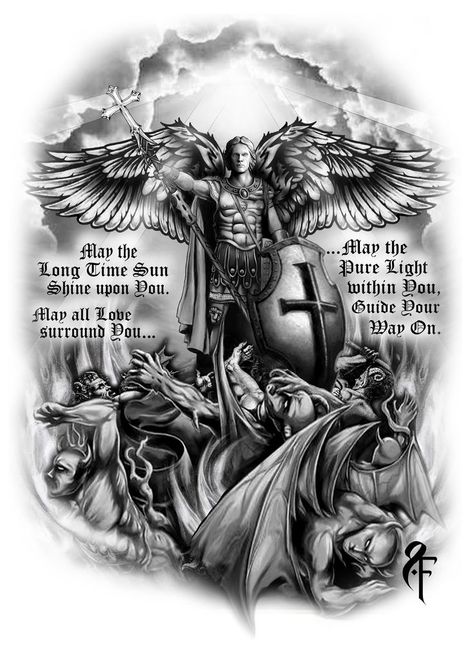 Angel Warrior Tattoo, Guardian Angel Tattoo Designs, St Michael Tattoo, Tattoo Name Fonts, Guardian Angel Tattoo, Archangel Tattoo, Rosary Tattoo, Heaven Tattoos, Half Sleeve Tattoos Drawings