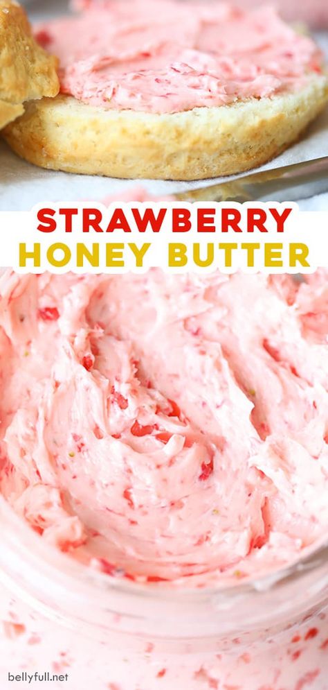 This easy Strawberry Honey Butter recipe is an amazing breakfast or brunch condiment, perfect for toast, pancakes, muffins, or any baked good. And only takes minutes to whip up with only 4 ingredients. Makes a great gift, too! Butter Ads, Strawberry Honey Butter, Italian Typography, Honey Strawberry, Strawberry Toast, Pancakes Muffins, Flavored Butter Recipes, Butter Recipes Homemade, Strawberry Honey