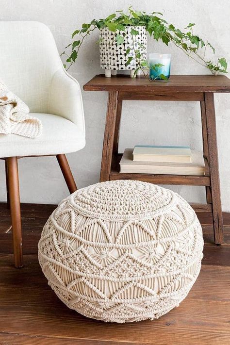 Macrame Pouf Boho Ottomans, Pouf Footstool, Foot Rest Ottoman, Bedroom Lounge, Cozy Seats, Floor Sitting, Boho Chair, Salon Suites, College Apartment Decor