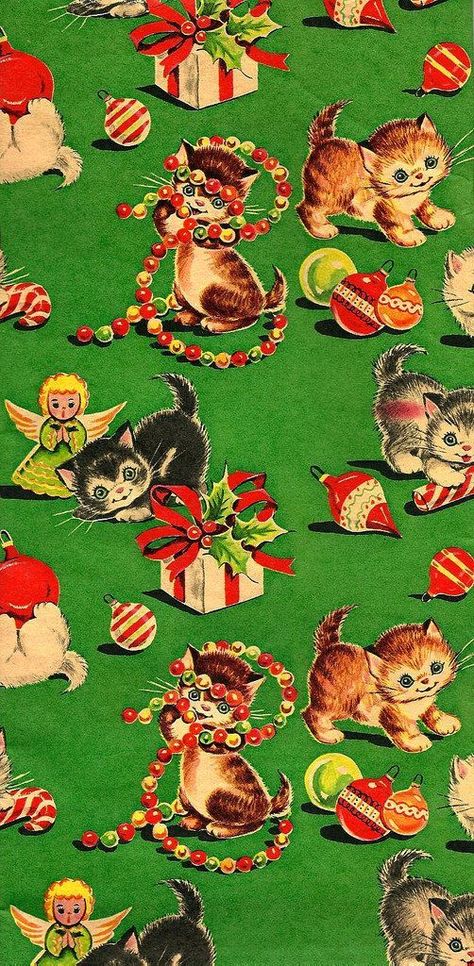 Images Noêl Vintages, Vintage Christmas Wrapping Paper, Christmas Kitten, Christmas Ephemera, Vintage Christmas Images, Holiday Wrapping Paper, Vintage Wrapping Paper, Old Fashioned Christmas, Christmas Past