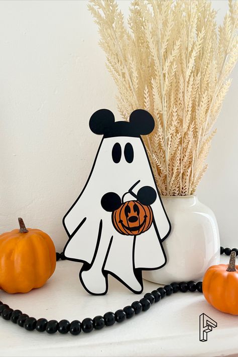 Ghost With Mickey Ears, Disney Halloween Table Decor, Pumpkin Mickey Ears, Disney Halloween Wood Cutouts, Diy Disney Halloween Decor, Halloween Glowforge, Disney Halloween Decor, Disney Ghost, Wood Ghost