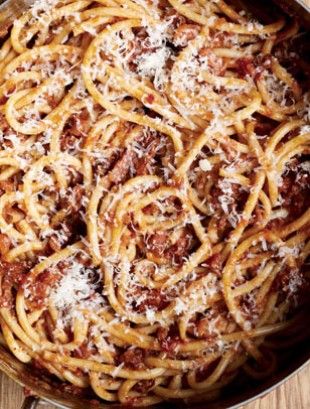 BUCATINI ALL'AMATRICIANA (Bucatini with Spicy Tomato and Pancetta Sauce) | Recipes | Nigella Lawson All Amatriciana, Roasted Tomato Sauce, Tomato Sauce Recipe, Roasted Tomato, Nigella Lawson, Meat Sauce, Alfredo Sauce, Spaghetti Squash, Roasted Tomatoes