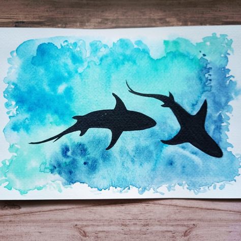 Selling Greeting Cards, Watercolor Painting Easy, Shark Painting, Biology Art, Jellyfish Art, Shark Art, Silhouette Painting, Kids Watercolor, Watercolor Bookmarks