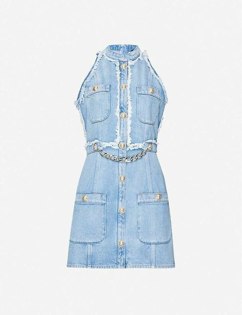 Balmain Denim, Parisian House, Sleeveless Denim Dress, Jeans Diy, Denim Mini Dress, Military Inspired, Denim Mini, Gold Buttons, Stunning Dresses