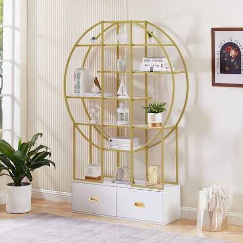 Round Bookshelf, Gold Bookshelf, Open Bookshelves, Metal Bookcase, Office Bookcase, White Shelves, Etagere Bookcase, Mdf Board, Display Shelf