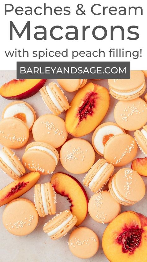 Peaches And Cream Recipe, Cream Macarons, French Macaroon Recipes, Macaron Recipes, Ideas Cocina, Stabilized Whipped Cream, Macaroon Cookies, Peach Recipes, Macaron Flavors