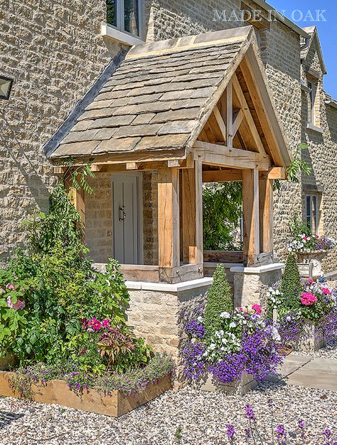 Wall Front House, Stone Cottage Porch, Oak Front Porch, Porch Exterior Ideas, Oak Porch Ideas Entrance, Front Porch Uk, Open Porch Ideas, Oak Porch Ideas, Porch Entrance Ideas