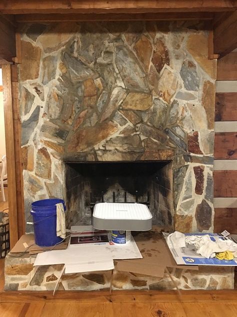 Muriatic Acid, Wooden Beam, Slate Fireplace, Clean Fireplace, Cleaning Stone, Stone Chimney, Rustic Mantel, House Beautiful Magazine, How To Clean Rust