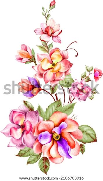 Enthusiasm Bold Unbridled By Flowers Leaves Stock Illustration 2106703916 | Shutterstock Hd Flowers, Mughal Art Paintings, Painting Flowers Tutorial, Botanical Flower Art, Flower Bunch, Flower Drawing Design, Print Design Art, Illustration Blume, Flower Art Drawing