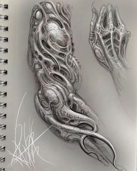 Biomech Tattoo Design, Bio Organic Tattoo Design Black And Grey, Bio Mechanical Art, Bio Mech Tattoo, Bio Organic Tattoo Design, Bio Organic, Bioorganic Tattoo Design, Biomechanical Art, Biomechanics Art