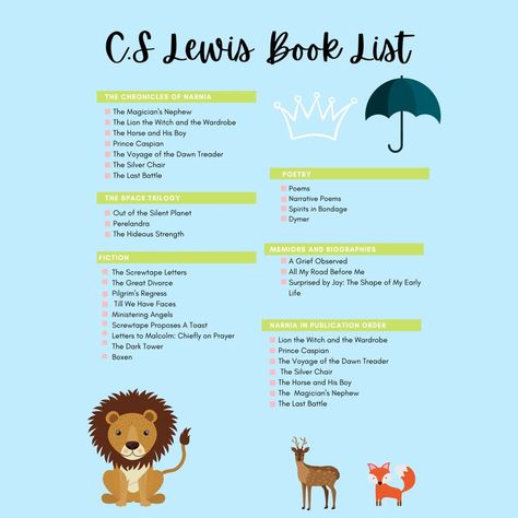 C S Lewis Books, Book List Printable, Cs Lewis Books, Reading Checklist, The Magicians Nephew, Middle School History, List Challenges, Author Studies, Reading Tracker