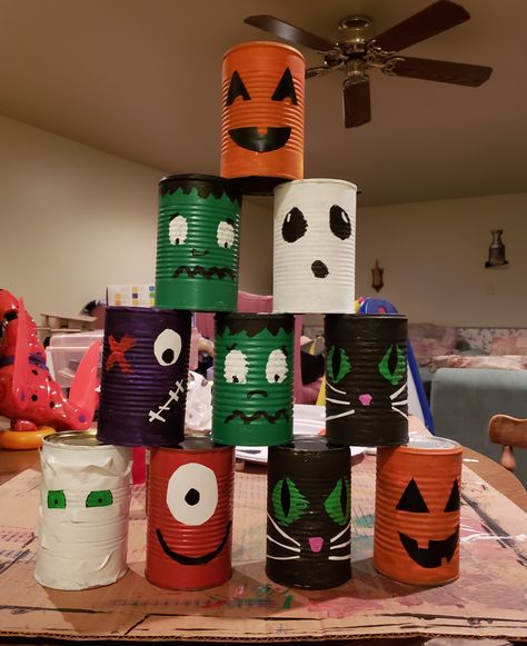 DIY Halloween tin can bowling Halloween Tin Can Bowling, Tin Can Halloween, Halloween Carnival Games, Painted Tin Cans, Cat House Diy, Fall Fest, Daycare Activities, Aluminum Can, Tin Cans