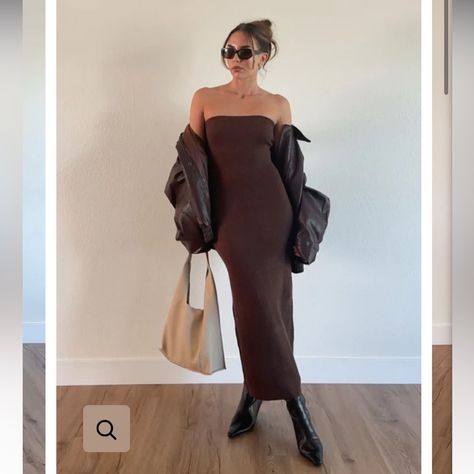 Brand New With Tags! Brown Sweater Material Medium Brown Brown Dresses Outfit, Dark Brown Dress, Cherry Print Dress, Brown Maxi Dresses, Body Con Dress Outfit, European Outfit, Amanda Dress, Maxi Dress Outfit, Womens Knit Dresses