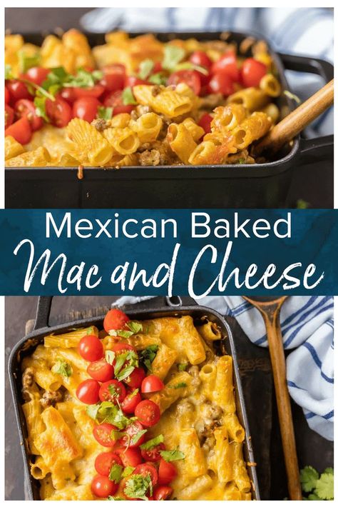 This BAKED MEXICAN MACARONI AND CHEESE can't be beat! No need to fool with a tricky cheese sauce when you have this secret ingredient making things extra creamy and delicious! Spicy sausage, green chiles, macaroni and cheese! #thecookierookie #macandcheese #macaroni  #easydinner via @beckygallhardin Mexican Mac And Cheese, Baked Macaroni And Cheese Recipe, Baked Macaroni And Cheese, Macaroni And Cheese Recipe, Green Chiles, Baked Macaroni, Baked Mac, Spicy Sausage, Easy Comfort Food